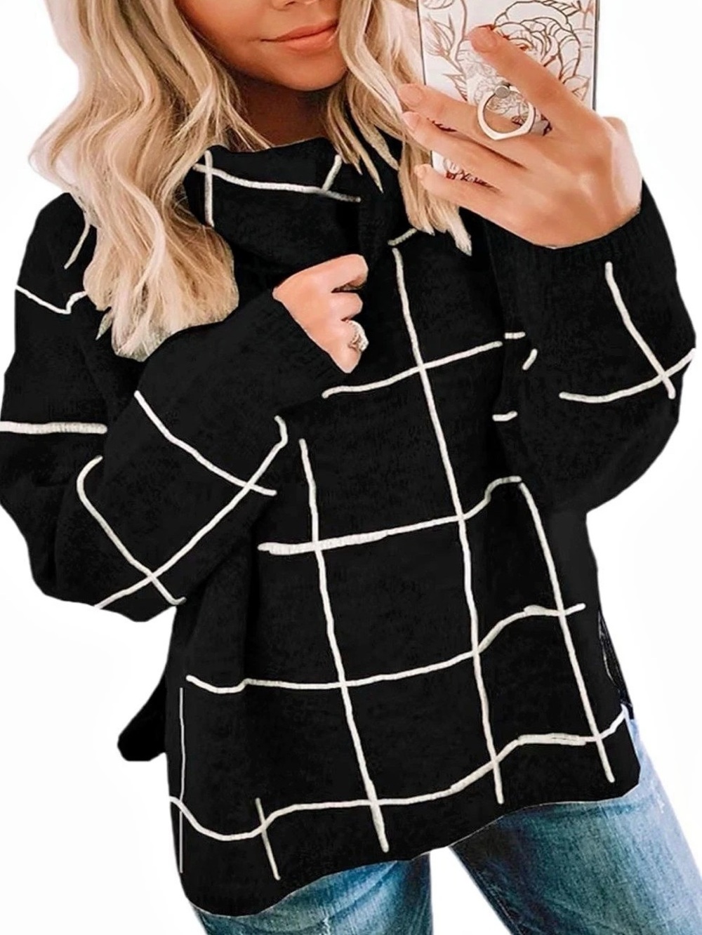 Classic Windowpane Cowl Neck Sweater Chenille Black & White